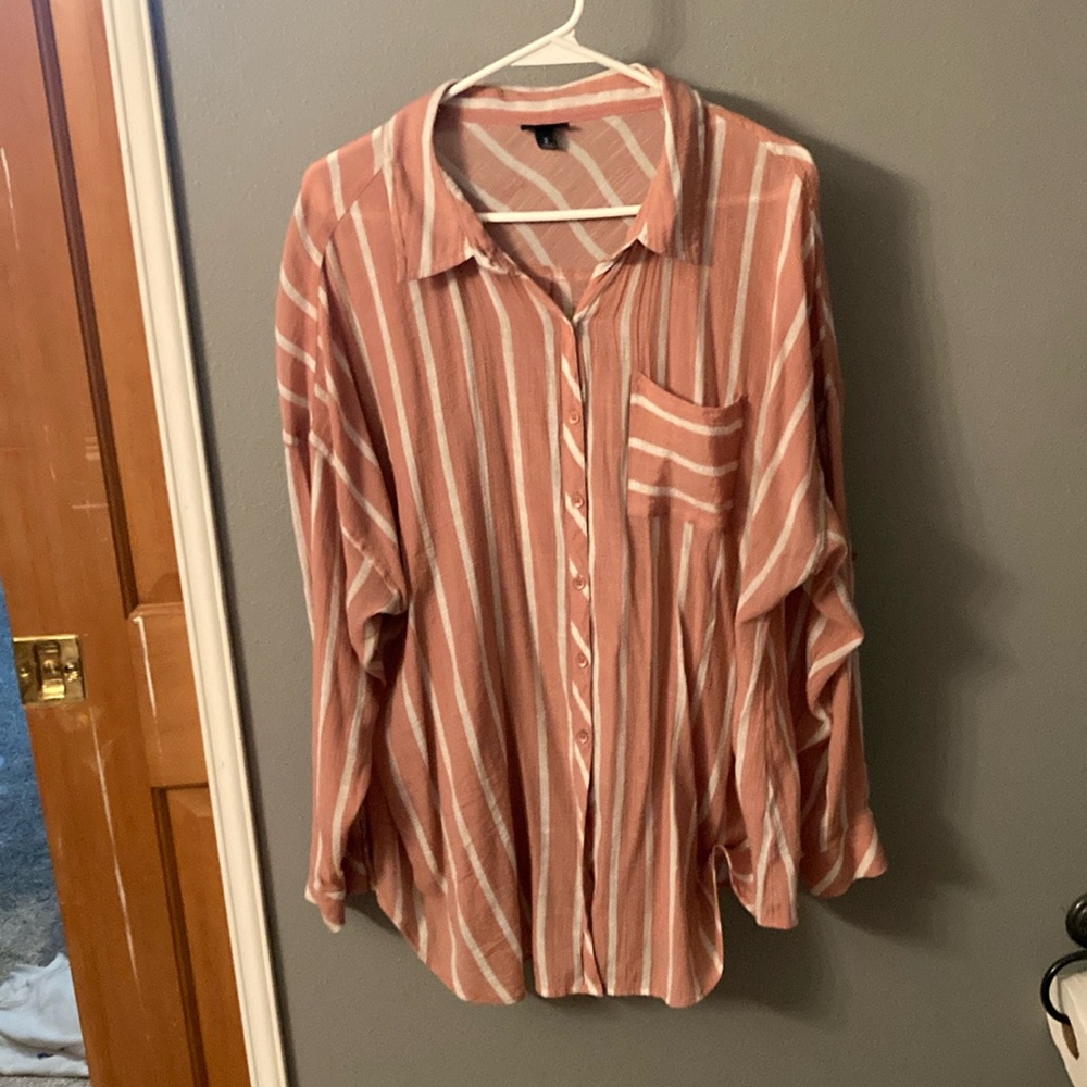 Torrid, size 2, slouchy light weight button up, blush color with white stripe